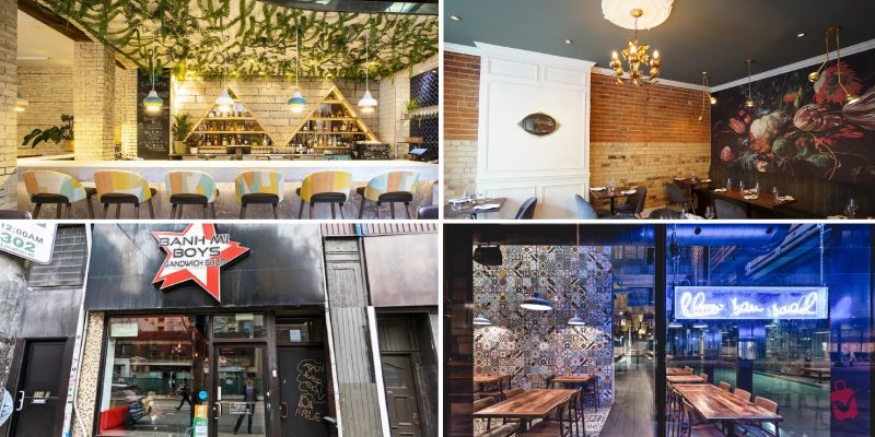 A collage of four different Toronto restaurants, showcasing diverse interiors from a lush, plant-filled bar to a cozy dining room with a floral mural.