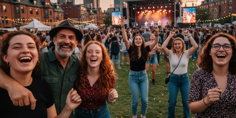 Enthusiastic attendees raise their hands and cheer at a vibrant Boston musical festival.