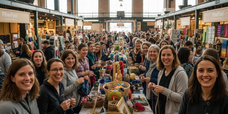 Crowds gather at the Boston Public Market FiberFest, engaging with colorful yarn and craft displays.