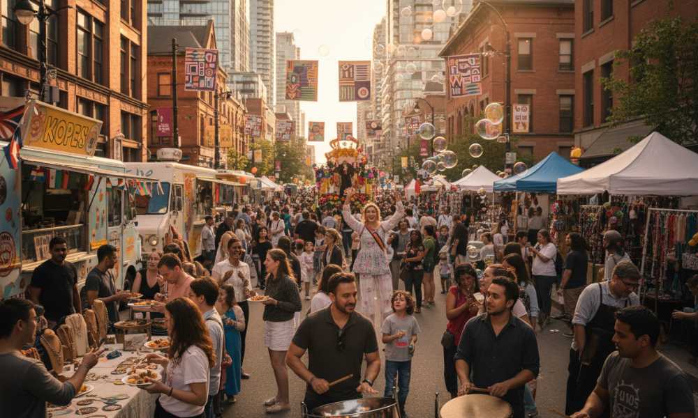 Community festivals in Toronto are showcased with a bustling street market, food trucks, live music, and diverse crowds enjoying the lively outdoor atmosphere.