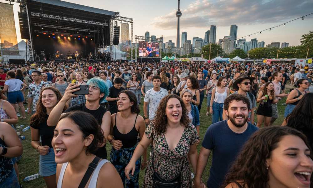 Concerts and free events in Toronto gather large crowds in a park with a stage and the city skyline in the background, showing people enjoying live music.