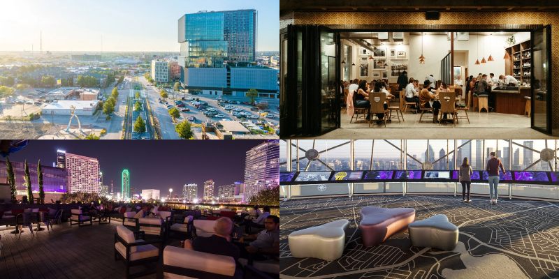 A collage of four images depicting entertainment in Dallas: an elevated view of a city street, an interior shot of a lively restaurant, a rooftop bar at night with the city skyline, and people looking out from an observation deck.