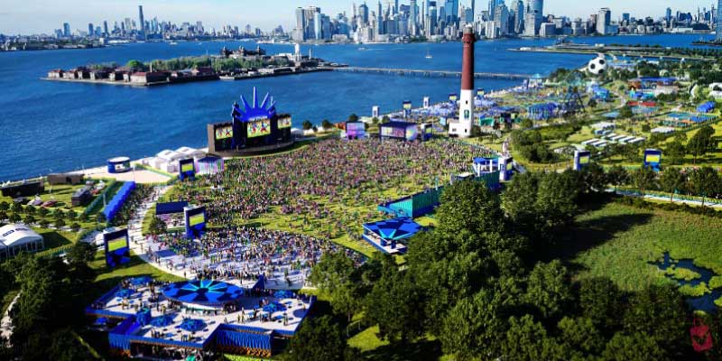 An aerial shot shows a massive park gathering with stages and a soccer ball decoration, representing the Dallas FIFA Fan Festival 2026.
