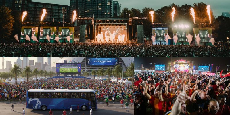 A collage of three images depicting large crowds at outdoor concerts and events, with stages and large screens visible.