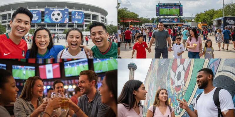 A collage of four images illustrating Dallas World Cup season: happy fans in front of a stadium screen, a crowd watching a large outdoor screen, people cheering at a bar, and two friends talking in front of a soccer-themed mural.