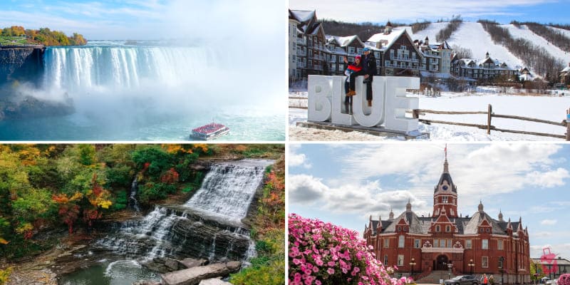 Four scenic day trip destinations from Toronto - Niagara Falls, Blue Mountain Resort, a cascading waterfall in autumn, and a historic building with flowers.