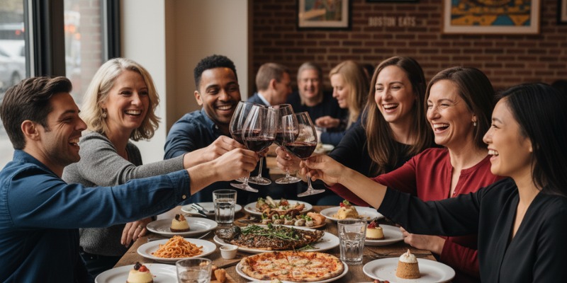 Friends clink wine glasses and enjoy a delicious meal together at a restaurant during Dine Out Boston.