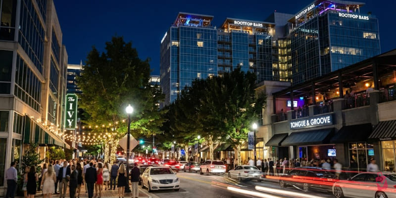 Night view of Buckhead Atlanta street with lively crowds, illuminated buildings, rooftop bars, and traffic light trails.