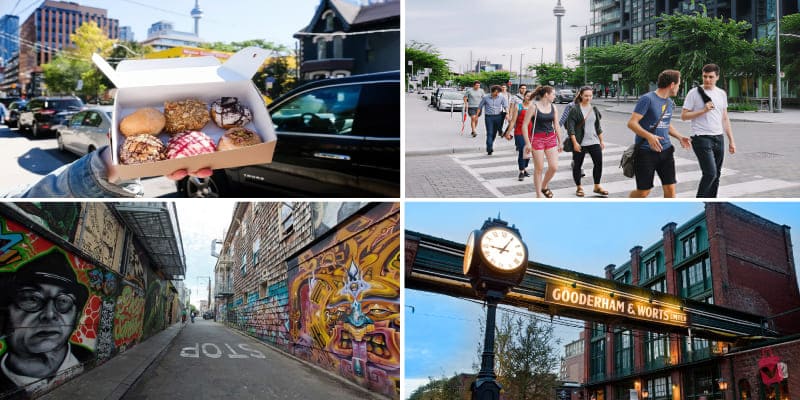 A lively collage of folks joyfully walking and savoring delicious donuts, capturing the vibrant essence of Toronto’s food, art, and streets.