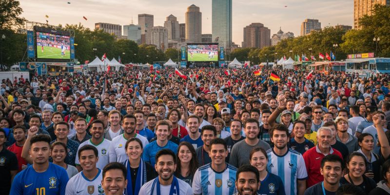 Fans with flags and jerseys watch a soccer match on large screens at the FIFA Fan Festival in Boston.