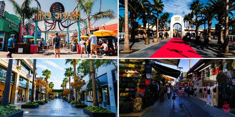 The colorful entrance of Pacific Park on a pier, a pedestrian walkway flanked by palm trees and red carpet, a tree-lined street filled with shops, and a vibrant outdoor market buzzing with families.