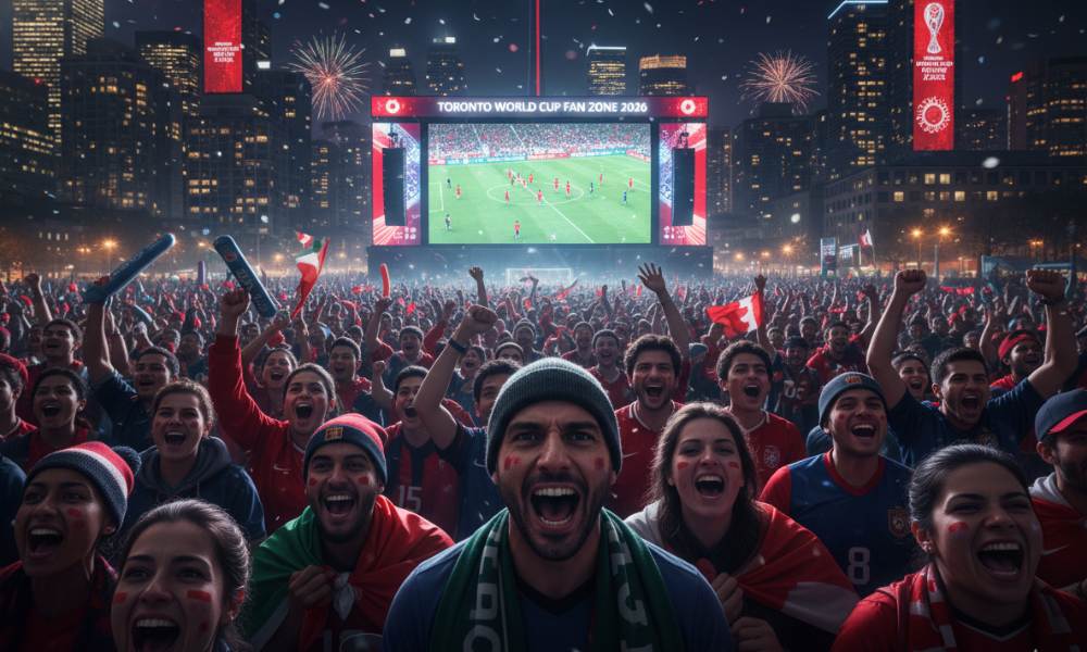 Fan festivals in Toronto create an electric atmosphere, with a large crowd cheering at a public screening of the FIFA World Cup, fireworks, and city lights.