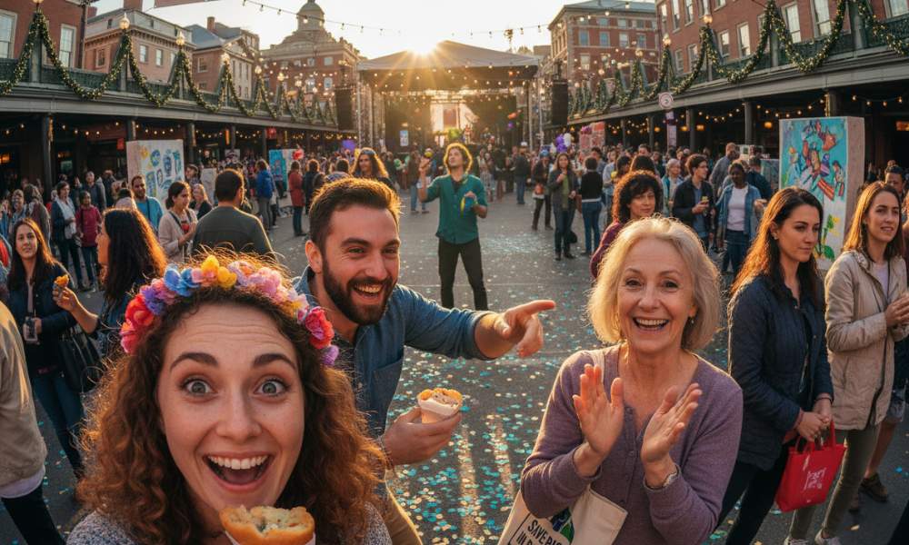 People enjoy a lively outdoor festival with music, food, and smiling faces in Boston.