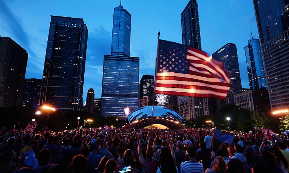 A huge crowd gathers for fireworks and celebration at night by a large silver sculpture, capturing the atmosphere of festivals and events in Dallas.