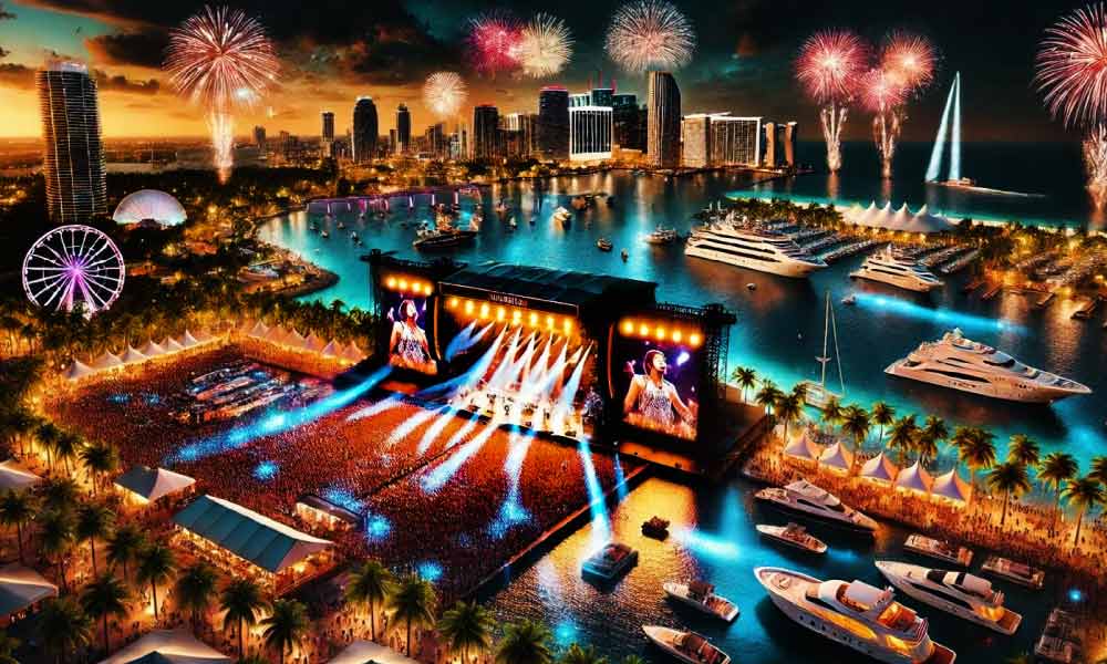 A lively outdoor festival with a stage, fireworks, and boats.