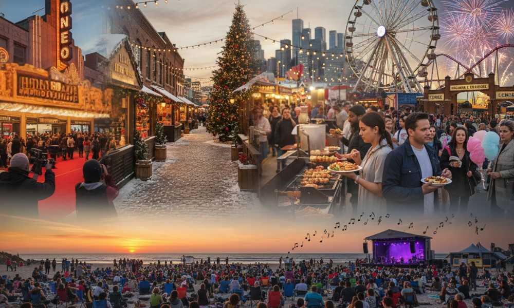 Toronto's vibrant festivals and events are captured in a collage showing diverse celebrations, from holiday markets to beach concerts, bustling with crowds.