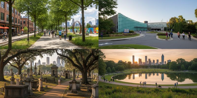 A collection of free attractions in Atlanta, showing people walking and cycling on the BeltLine, the modern exterior of the Fernbank Museum of Natural History, a serene historic cemetery with ornate headstones, and people relaxing in Piedmont Park with the Atlanta skyline at sunset.