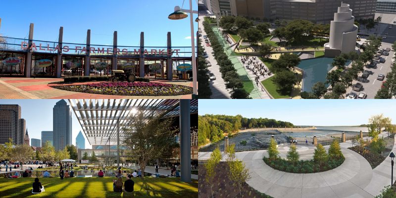 A collage of four images showing free activities in Dallas: the entrance to Dallas Farmers Market, an architectural rendering of a park with bike paths, people relaxing on a lawn in a modern park, and a scenic walking path along a body of water.