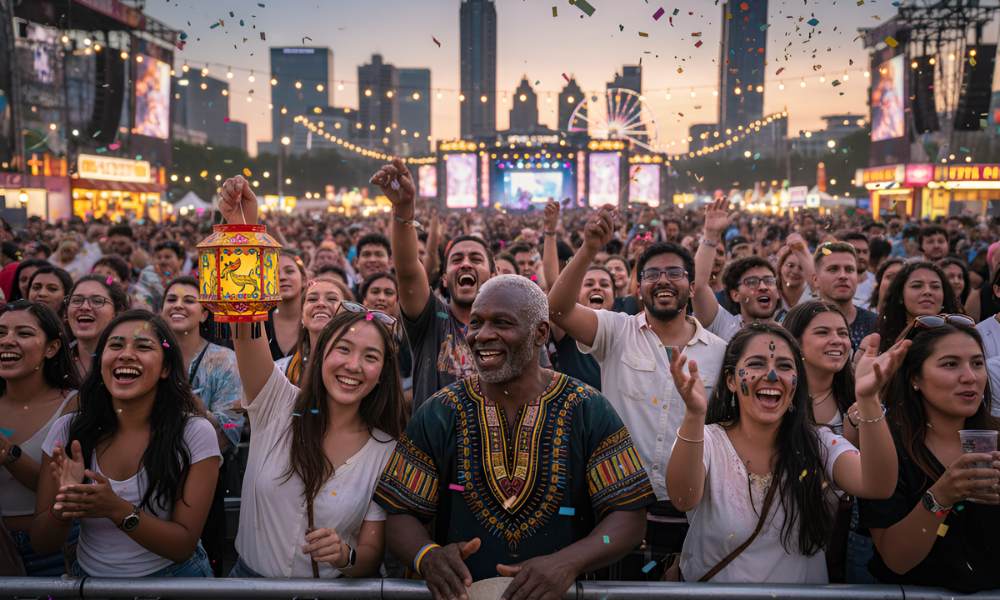 A diverse crowd at a lively outdoor festival in Atlanta, with confetti falling and a stage lit up in the background.