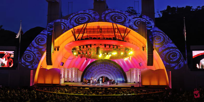 The Hollywood Bowl Jazz Festival stage is so cool, glowing under the evening sky.