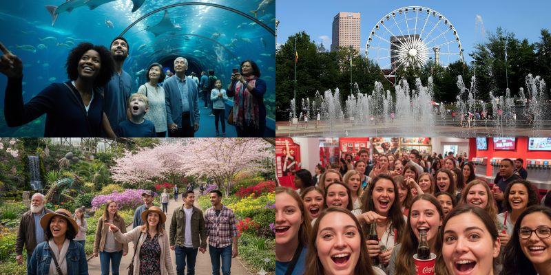 Families enjoying various iconic Atlanta attractions including an aquarium tunnel with fish, a bustling city square with a Ferris wheel, a vibrant botanical garden, and a lively tasting room at the World of Coca-Cola.
