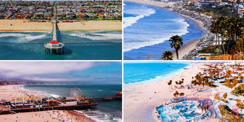 A bird’s-eye view of a pier stretching into the ocean, a crescent-shaped beach lined with waves and palm trees, a lively seaside pier with amusement rides, and an aerial shot of a beach featuring a skate park.