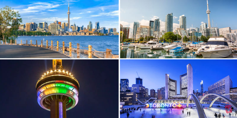 Four vibrant images showcasing Toronto, Canada, featuring the skyline, waterfront, parks, and iconic landmarks, perfect for low-energy adventures.
