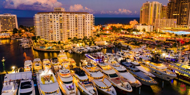 Boats docked at a marina during the Miami International Boat Show.