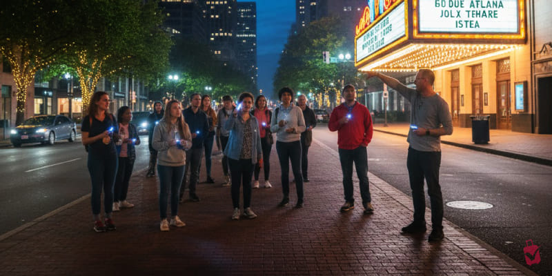 A group of people on a Midtown Atlanta walking tour at night, holding lights and listening to a guide near a theater marquee.