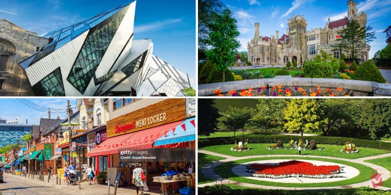 This image features Toronto's diverse attractions - the modern Royal Ontario Museum, historic Casa Loma, the vibrant Kensington Market, and a beautiful park floral display, providing more fun things to do.