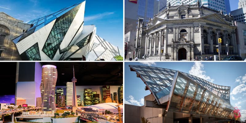 Four stunning images of unique buildings from various locations, showcasing the diverse architectural beauty of museums and indoor activities in Toronto.