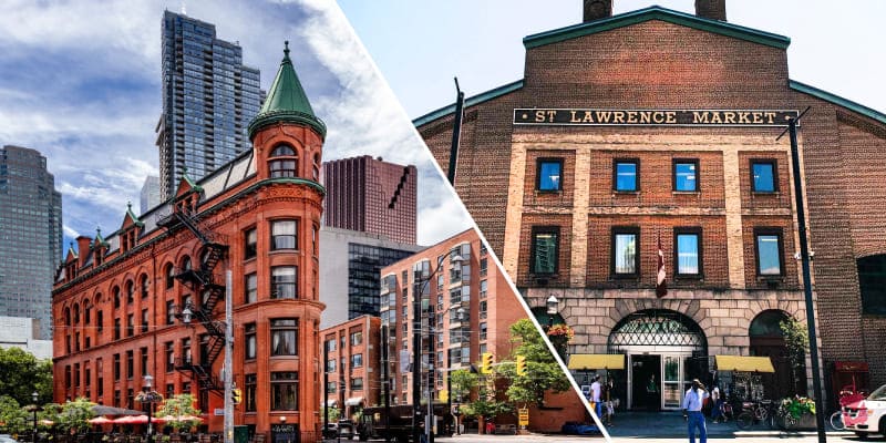 A split image of Toronto shows the historic Gooderham Building on the left and the iconic St. Lawrence Market on the right, both must-visit attractions for a full day in the city.