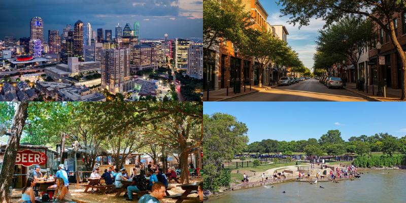 A collage of four images showcasing Dallas neighborhoods: the illuminated city skyline at night, a tree-lined street with historic buildings, an outdoor patio restaurant with people dining, and a park with a stream and people wading.