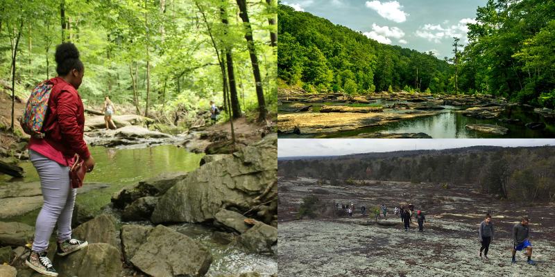 People engaged in outdoor activities around Atlanta a woman standing by a rocky stream in a forest, a wide river flowing through a green landscape, and hikers exploring a vast, rocky outcrop under a cloudy sky.