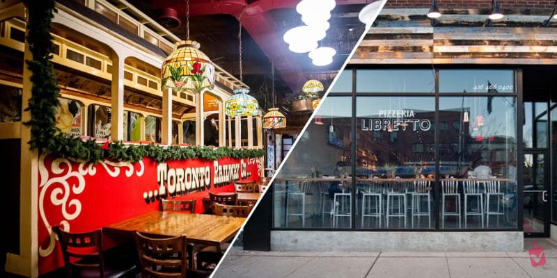 A split image showing two popular family-friendly restaurants in Toronto an interior of a red-walled restaurant with booth seating and an exterior of a modern pizzeria.