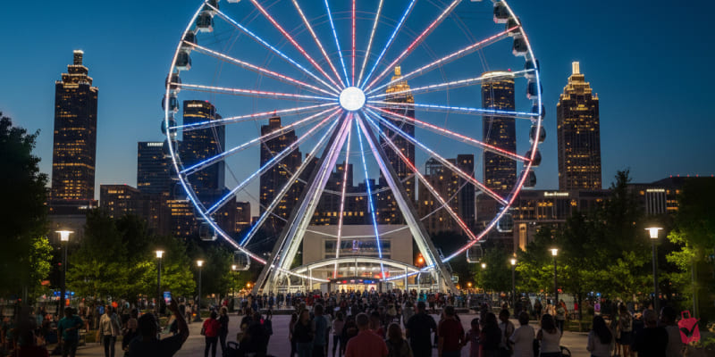 A vibrant SkyView Ferris Wheel with red, white, and blue lights stands tall against the downtown Atlanta skyline at night, with a lively crowd below.