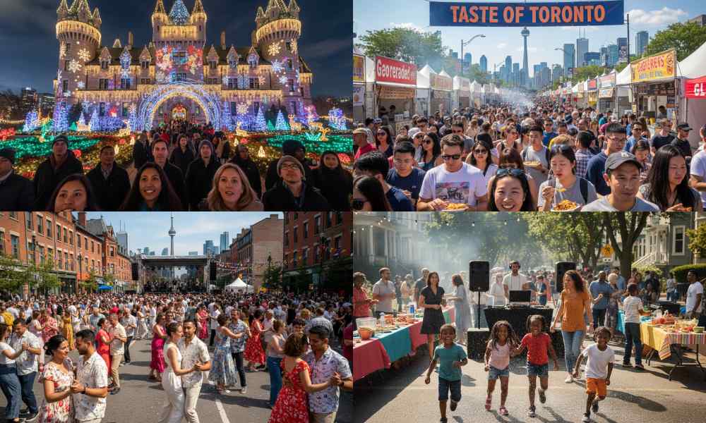Seasonal and themed events in Toronto are illustrated with a magical illuminated castle, a bustling "Taste of Toronto" food festival, a vibrant street party, and children playing at an outdoor event.