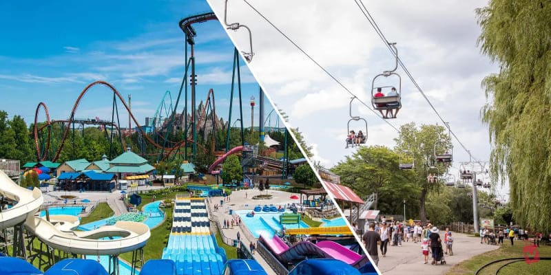 Exciting images of a thrilling roller coaster and a splashy water park, showcasing fun family adventures in Toronto's theme parks.