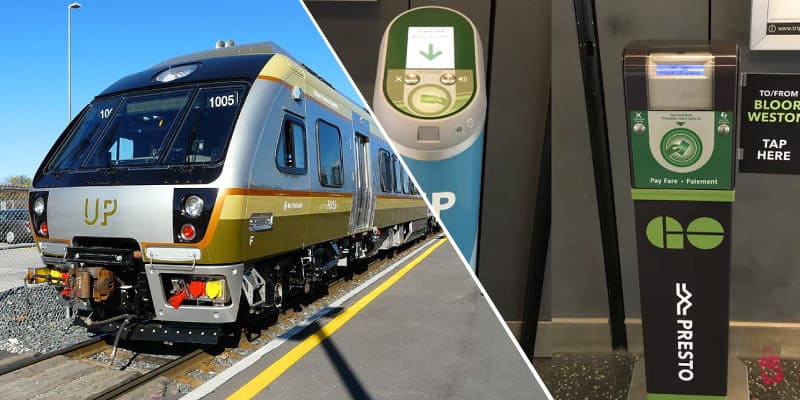 A UP Express train in Toronto is on the left, and a Presto fare card tap machine is on the right, both essential for navigating the city after arrival.