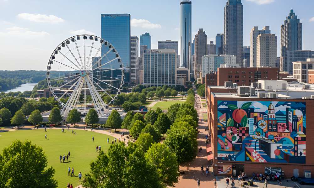 A vibrant city scene featuring a Ferris wheel, a large park with people, and a colorful mural on a building, all set against a backdrop of modern skyscrapers.
