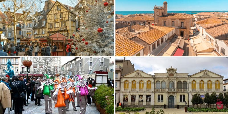 Four images showcase unique buildings from various locations, highlighting architectural diversity in Carcassonne during winter.