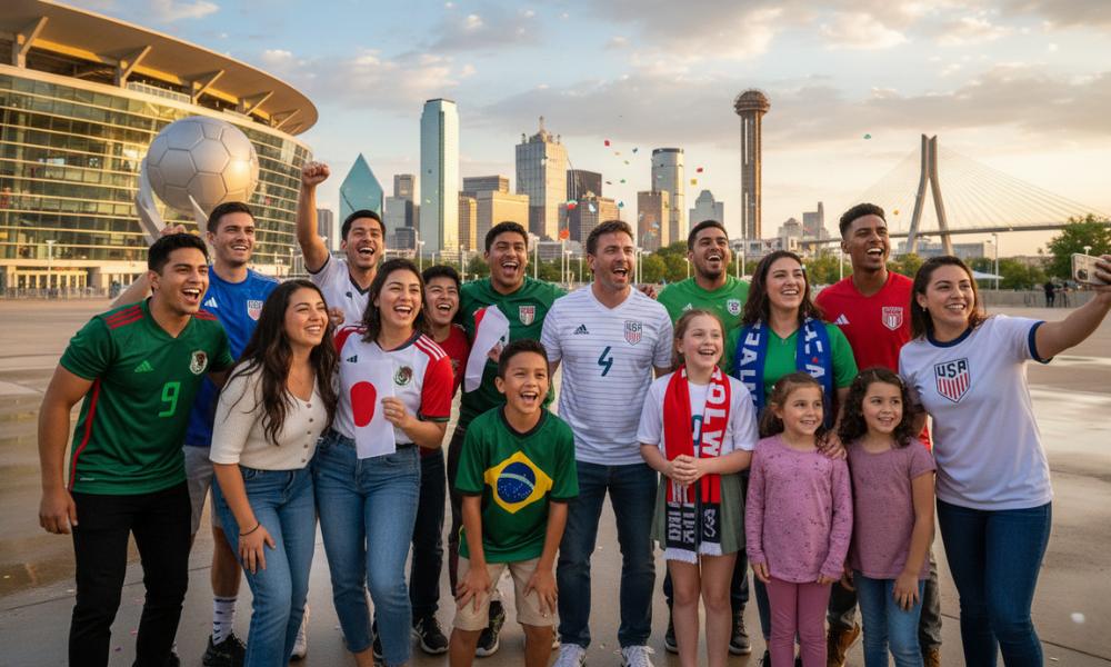 A diverse group of soccer fans, including adults and children, cheering in front of a stadium and the Dallas skyline at sunset.