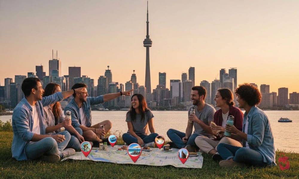 A cheerful group of friends happily sitting on the grass, eagerly studying a map of Toronto, planning their next adventure.