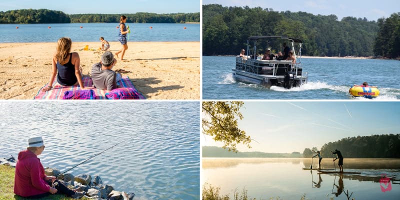 Four lively images of folks enjoying Acworth Beach- one in a boat, another on a paddleboard, and two with paddles, all on sparkling water.