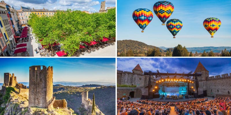 Four images showcasing various scenic locations in France, highlighting attractions for summer activities in Carcassonne.