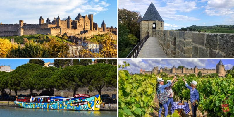 Four images of a castle from different angles, with a boat in the foreground, showcasing Carcassonne's beauty during the shoulder season.