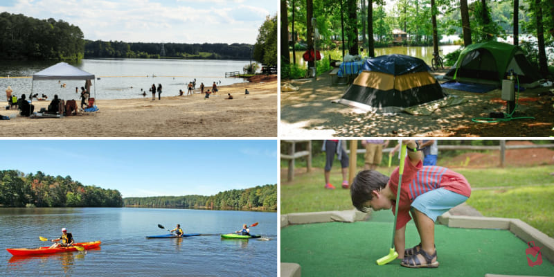 Families enjoyin' top things to do in Fort Yargo State Park Beach like camping cozily, kayaking smoothly, and playing mini-golf joyfully outdoors.