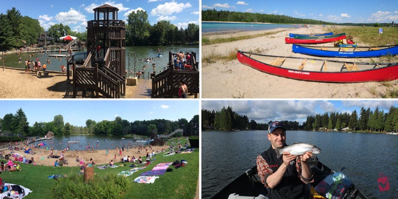 Beautiful Pine Lake Beach offers summer fun. People swim, boat, fish, and relax by the shimmering water.