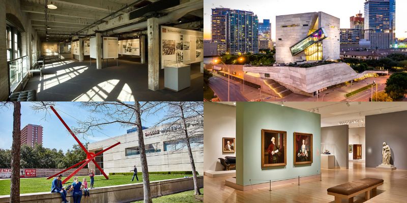 A collage of four images showing different Dallas museums: an industrial-style gallery, a modern art museum exterior, an outdoor sculpture garden, and an interior view of a classical art gallery.