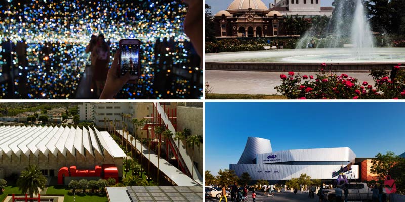 A visitor snapping photos inside a sparkling-lit gallery, a serene fountain in a museum park, a building featuring a detailed textured facade, and a modern museum entrance with people walking outside.